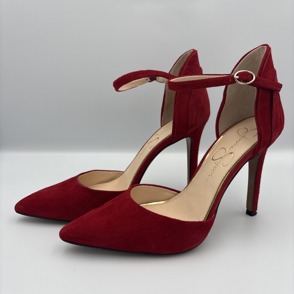 Jessica Simpson Red Suede Ankle Strap Stiletto Pumps Pointed Toe Buckle Sz 7M
